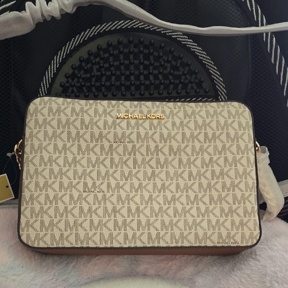 Michael Kors Cream and Brown Crossbody Bag with Monogram Pattern